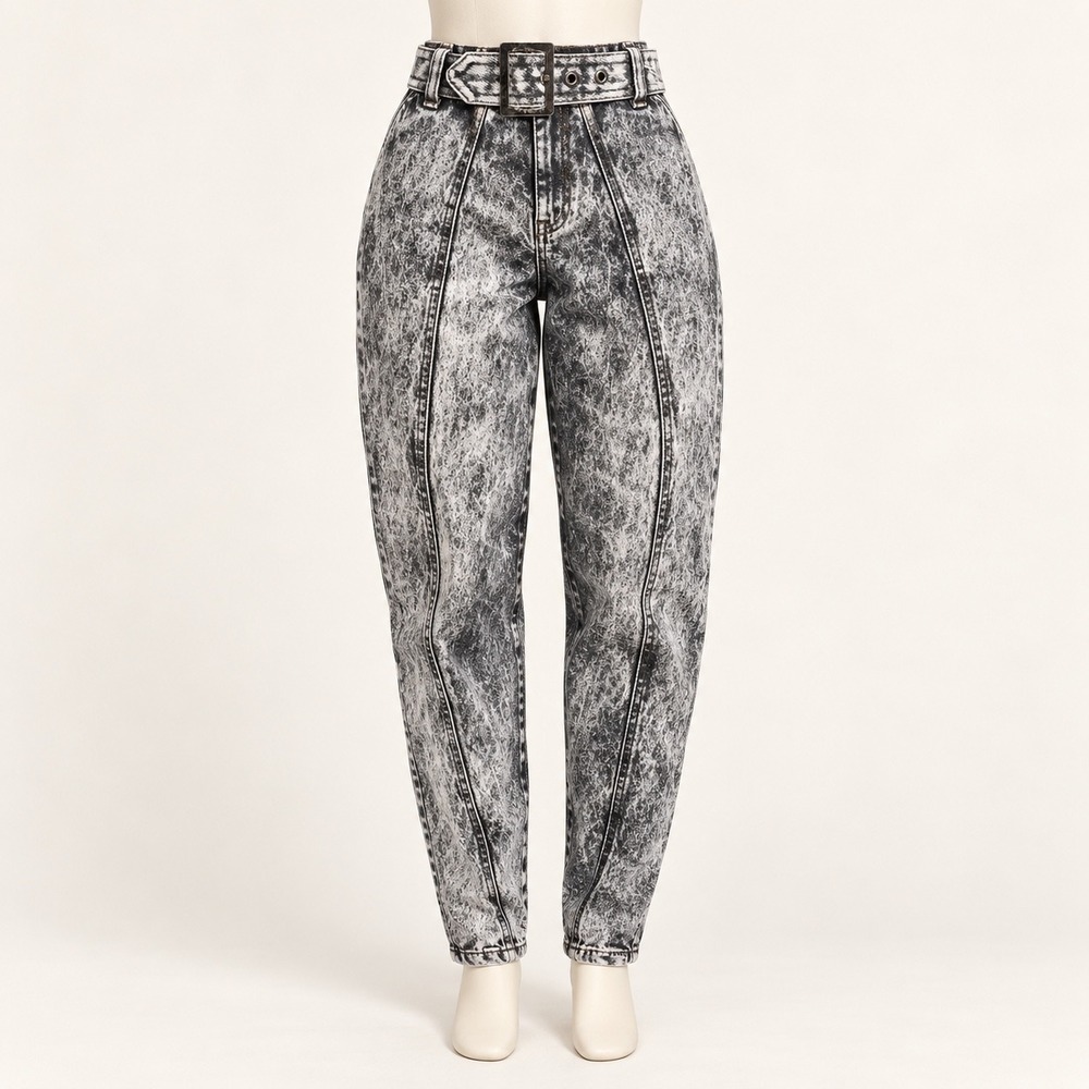 Vintage Oozix 80s Acid Wash High Waisted Belted Tapered Denim Jeans Size 9